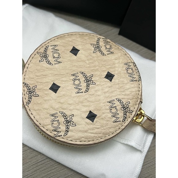 MCM Beige Visetos Canvas Round Coin Purse Wallet and KeyChain bag charm - Picture 7 of 8